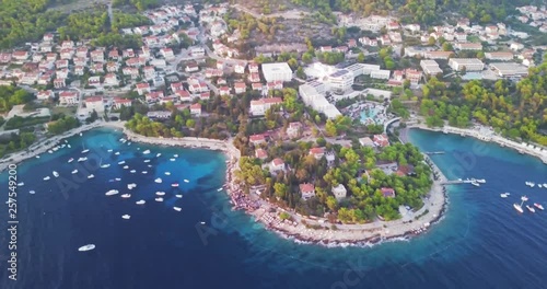 Aerial pan across the beautiful island of Hvar, a Croatian island in the Adriatic Sea