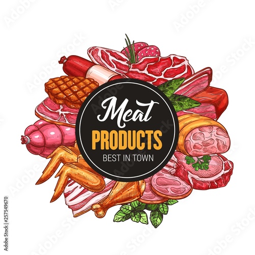Meat products and sausage icons, butchery shop