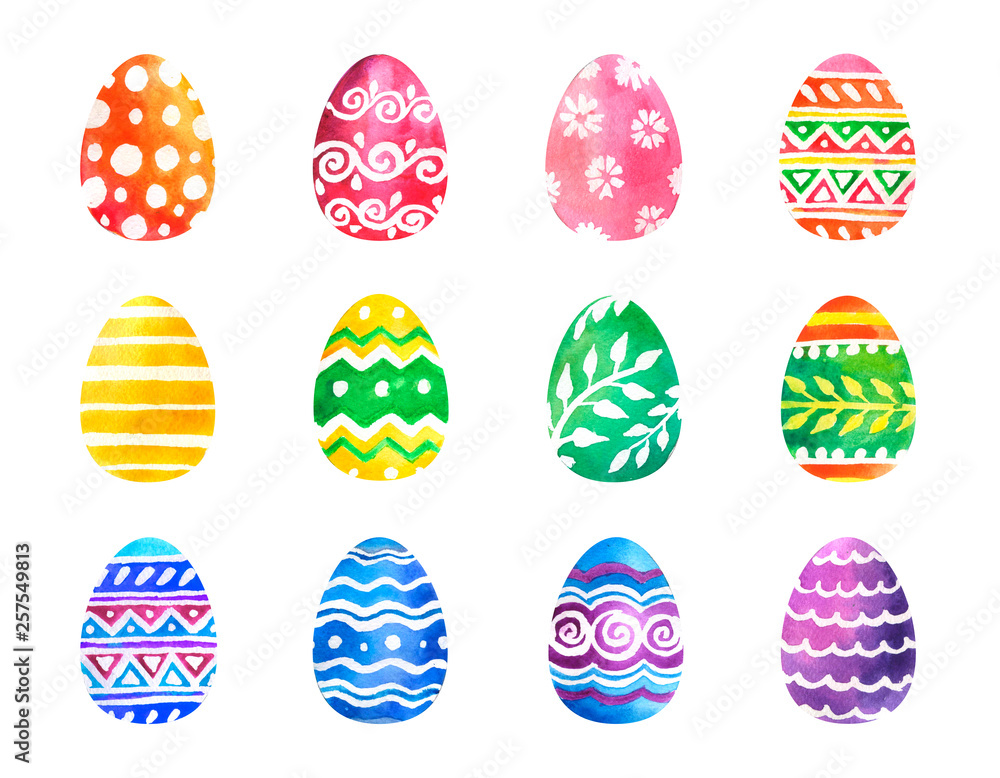Hand drawn watercolor set of colorful Easter eggs with different ornaments isolated on white background