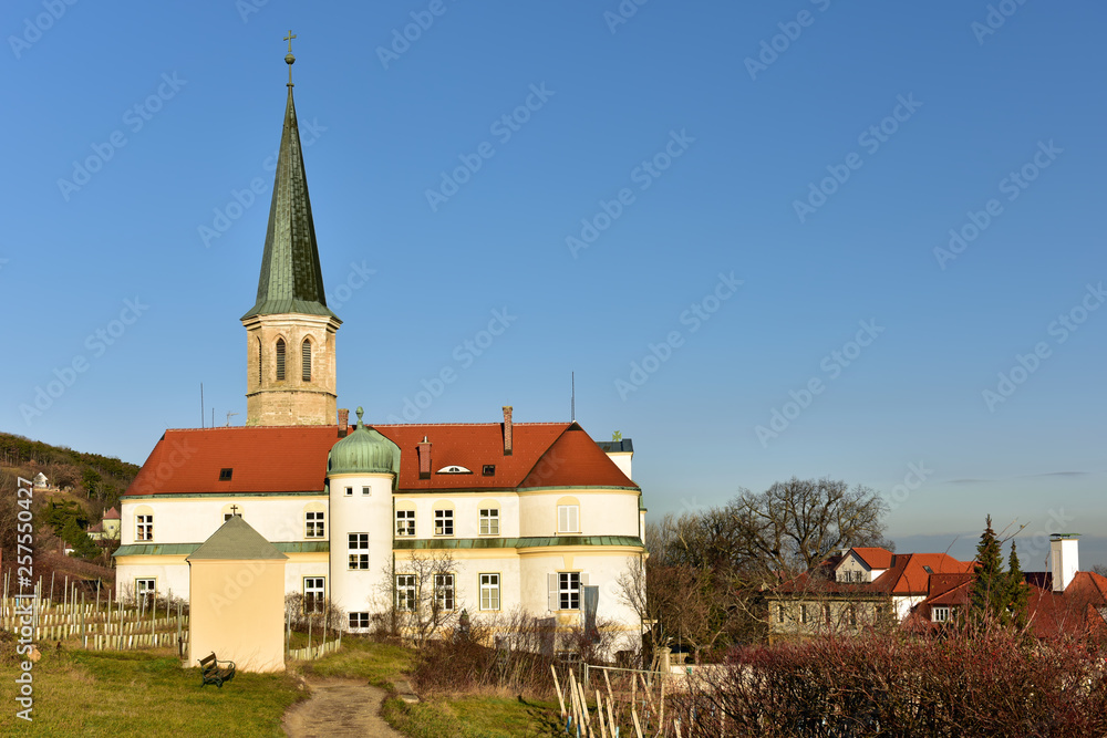 Parish church of St. Michael and German Order castle. Town of Gumpoldskirchen, Lower Austria.