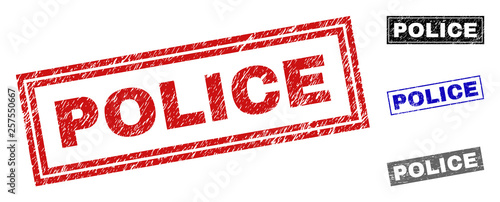 Grunge POLICE rectangle stamp seals isolated on a white background. Rectangular seals with grunge texture in red, blue, black and gray colors.