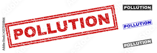 Grunge POLLUTION rectangle stamp seals isolated on a white background. Rectangular seals with grunge texture in red, blue, black and grey colors.