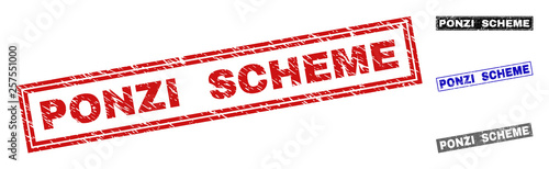 Grunge PONZI SCHEME rectangle stamp seals isolated on a white background. Rectangular seals with grunge texture in red, blue, black and gray colors.