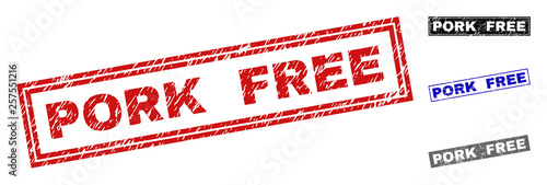 Grunge PORK FREE rectangle stamp seals isolated on a white background. Rectangular seals with distress texture in red, blue, black and grey colors.