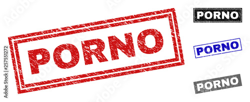 Grunge PORNO rectangle watermarks isolated on a white background. Rectangular seals with grunge texture in red, blue, black and grey colors.