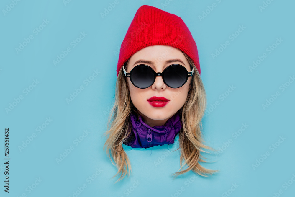 woman in red hat, sunglasses and suit of 90s woman in red hat, sunglasses and suit of 90s