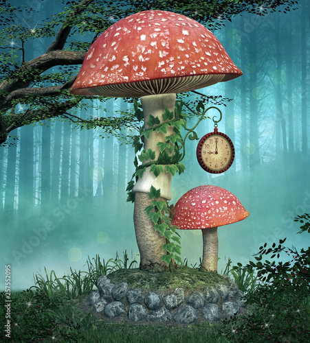 Big red mushroom with ivy around its stem - 3D illustration