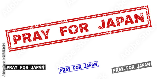 Grunge PRAY FOR JAPAN rectangle stamp seals isolated on a white background. Rectangular seals with distress texture in red, blue, black and gray colors.