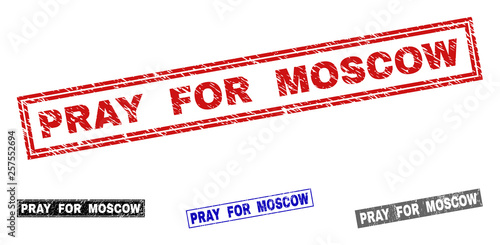 Grunge PRAY FOR MOSCOW rectangle stamp seals isolated on a white background. Rectangular seals with distress texture in red, blue, black and grey colors.