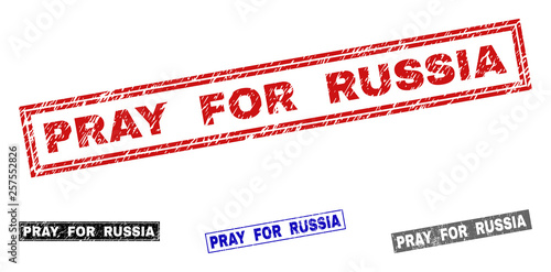 Grunge PRAY FOR RUSSIA rectangle stamp seals isolated on a white background. Rectangular seals with grunge texture in red, blue, black and gray colors.