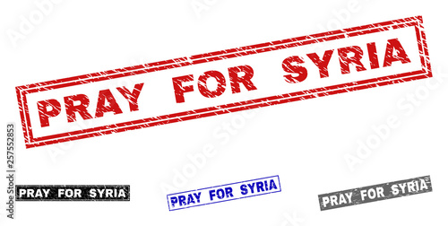 Grunge PRAY FOR SYRIA rectangle watermarks isolated on a white background. Rectangular seals with grunge texture in red, blue, black and gray colors.