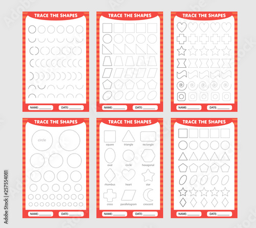 red set of trace the geometric shapes around the contour. learning for children, drawing tasks
