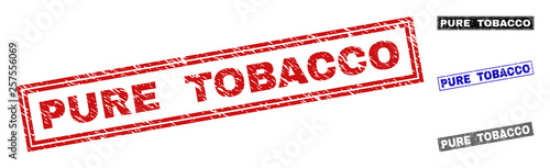 Grunge PURE TOBACCO rectangle stamp seals isolated on a white background. Rectangular seals with grunge texture in red, blue, black and grey colors.