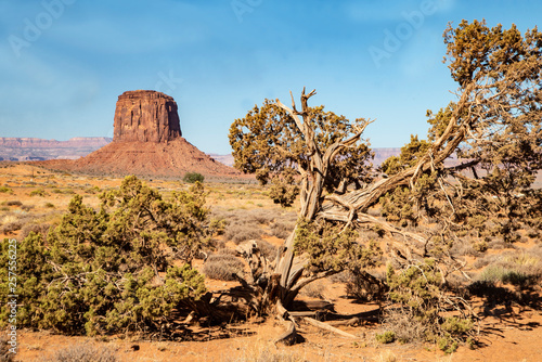 Monument Valley famous rock formations under a blue sky.