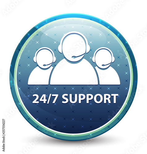 24/7 Support (customer care team icon) shiny sky blue round button