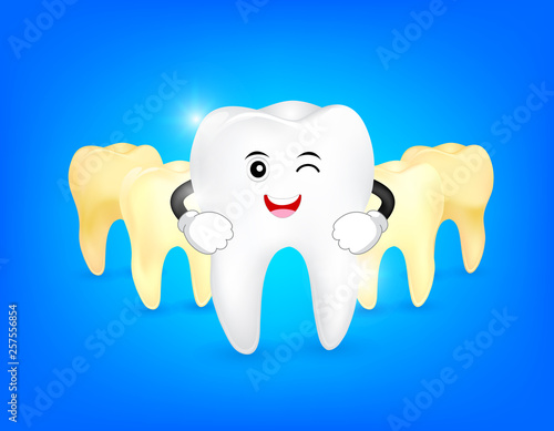 Cute cartoon tooth character whitening. Step of yellow to white. Dental care concept, illustration isolated on blue background.