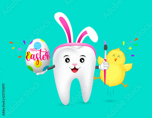 Bunny tooth character with brush and Easter eeg. Happy Easter day concept. Illustration isolated on blue background.