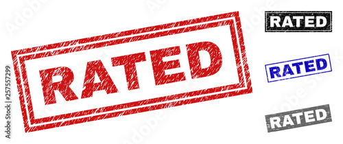 Grunge RATED rectangle stamp seals isolated on a white background. Rectangular seals with grunge texture in red, blue, black and gray colors.