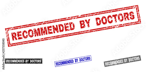 Grunge RECOMMENDED BY DOCTORS rectangle stamp seals isolated on a white background. Rectangular seals with grunge texture in red, blue, black and gray colors.
