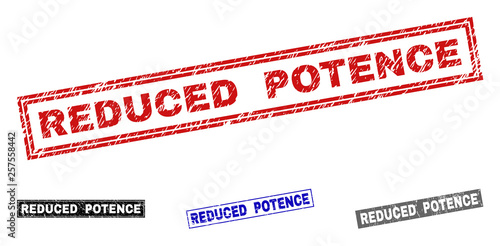 Grunge REDUCED POTENCE rectangle stamp seals isolated on a white background. Rectangular seals with grunge texture in red, blue, black and grey colors.