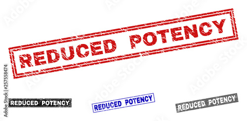 Grunge REDUCED POTENCY rectangle stamp seals isolated on a white background. Rectangular seals with grunge texture in red, blue, black and gray colors.