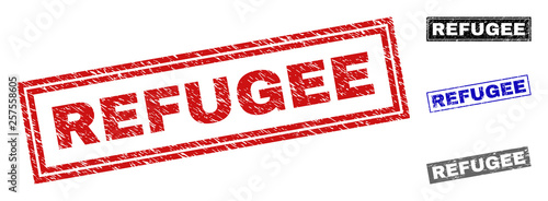 Grunge REFUGEE rectangle stamp seals isolated on a white background. Rectangular seals with grunge texture in red, blue, black and grey colors.