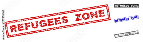 Grunge REFUGEES ZONE rectangle stamp seals isolated on a white background. Rectangular seals with grunge texture in red, blue, black and gray colors.