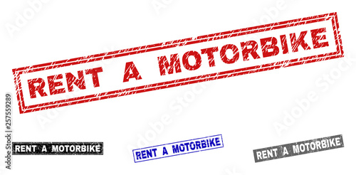 Grunge RENT A MOTORBIKE rectangle stamp seals isolated on a white background. Rectangular seals with grunge texture in red, blue, black and gray colors.
