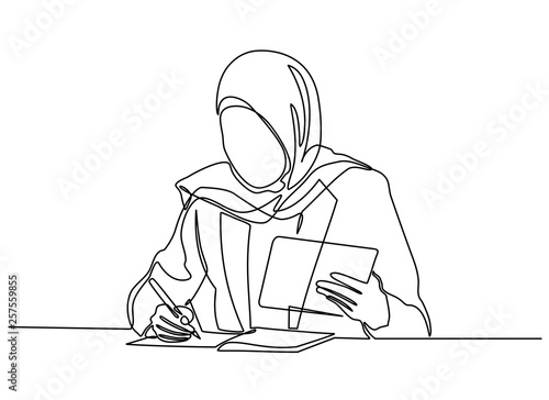 continuous line drawing of young Muslim women business professionals who write work plans on private books isolated from white backgrounds