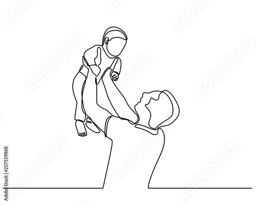 continuous line drawing of family, parenthood and people concept - happy Father playing with little baby at home isolated on white background