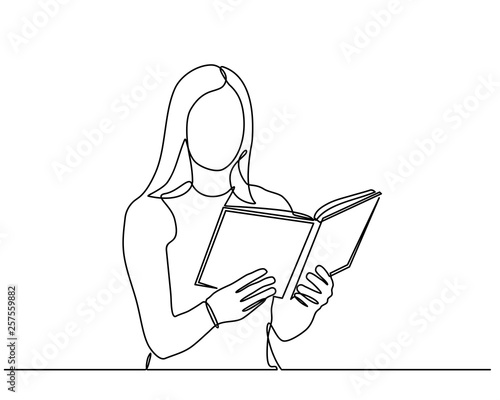 continuous line drawing of Happy mature woman reading her book. young women reading book isolated on white background