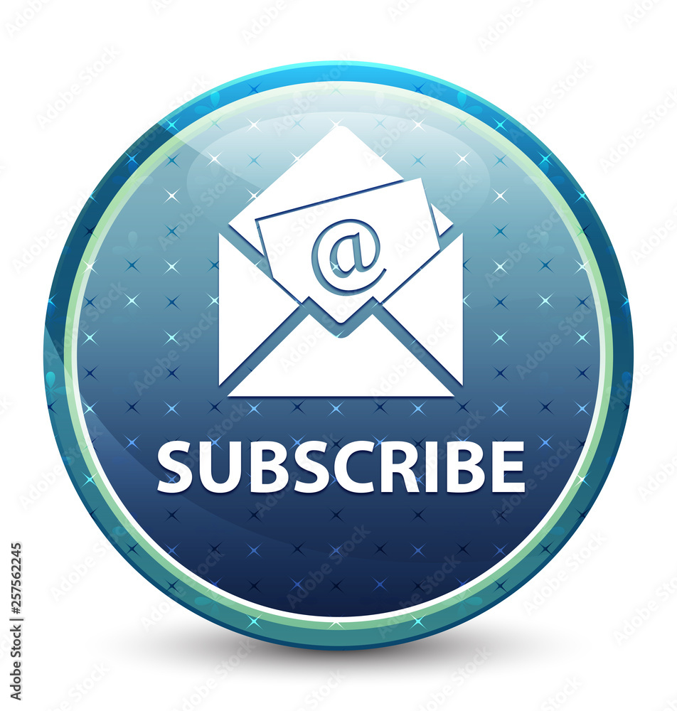 Subscribe (newsletter email icon) shiny sky blue round button