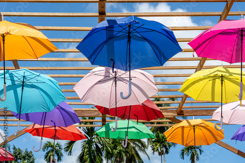 Street decorated with colored umbrellas  island Koh Phangan  Thailand
