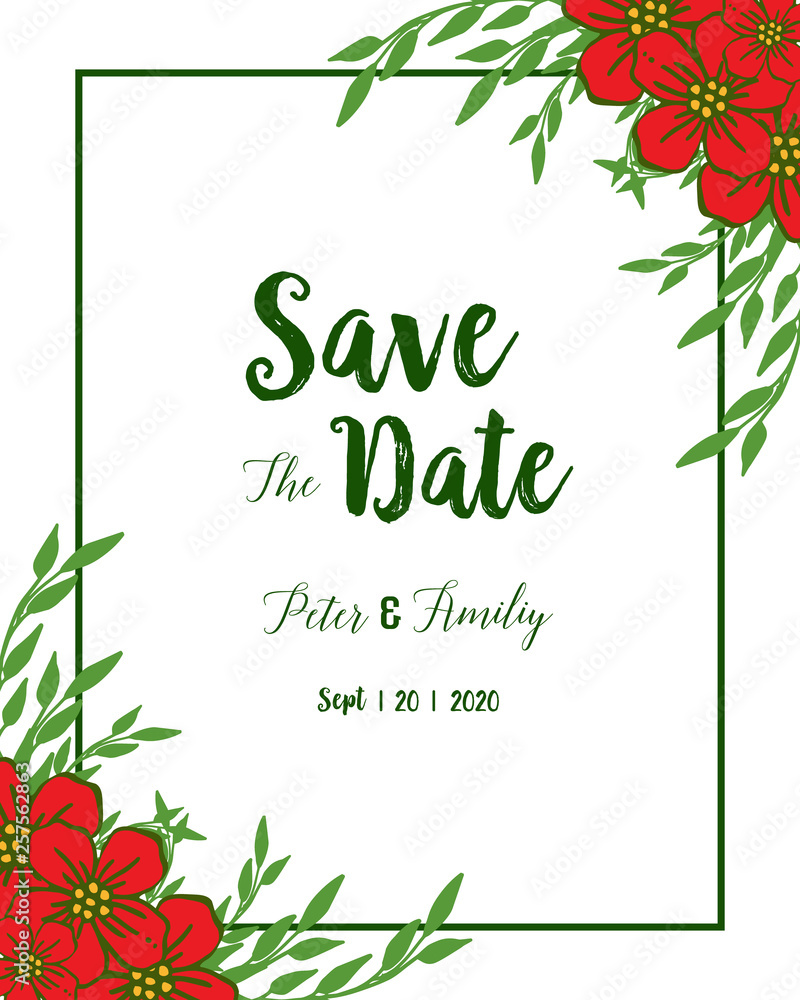 Vector illustration elegant red flower frame with writing save the date