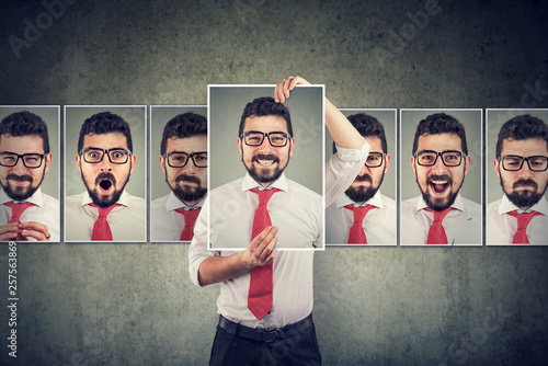 Masked man expressing different emotions