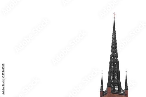 Clock tower of Stockholm Cathedral - Riddarholmskyrkan church isolated on white. Copy space. 
