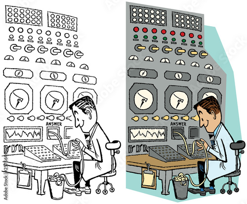 A man uses an old fashioned computer to get an answer.