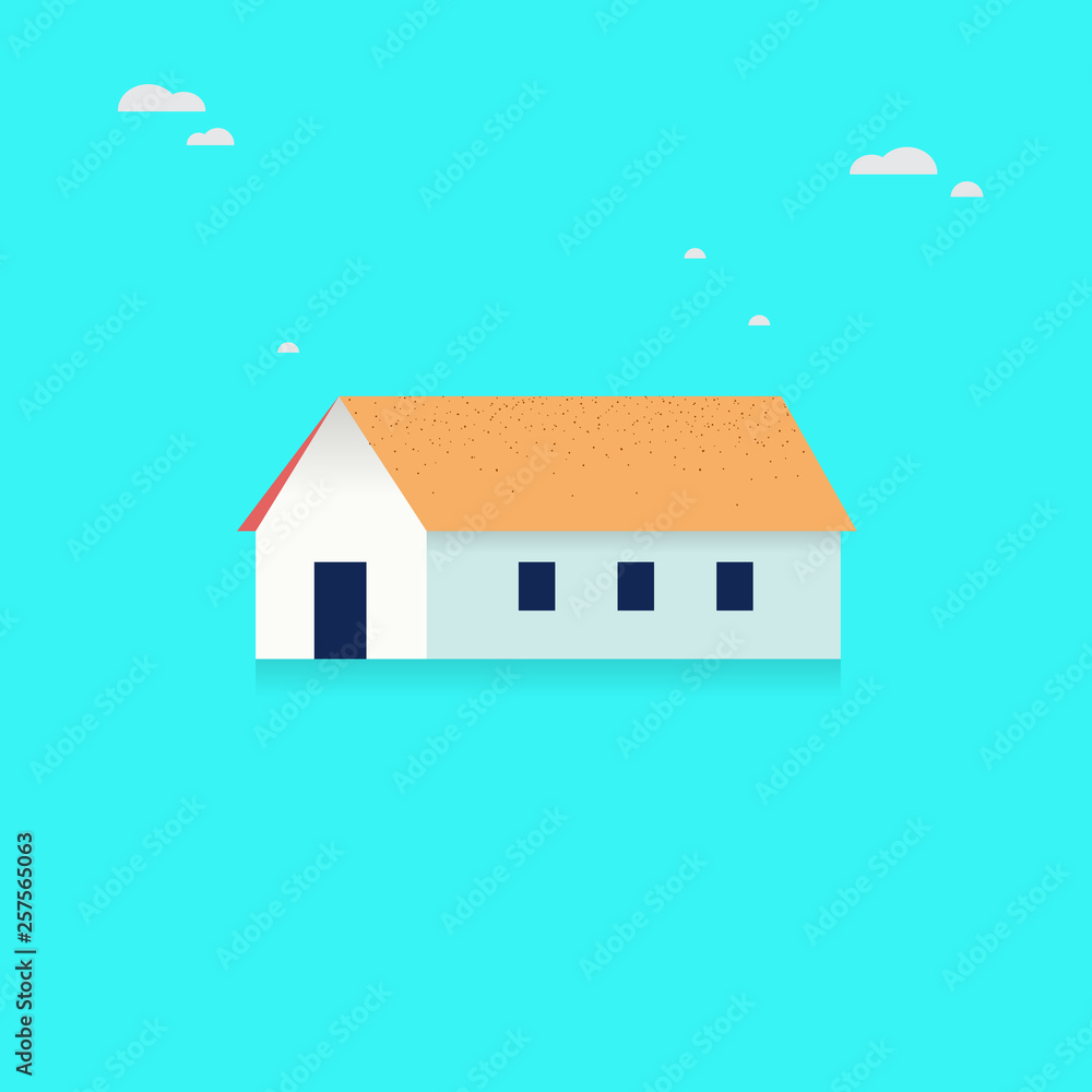 Graphic Decorative house. Landscape in a minimalist style against. Buying, selling a hut. Flat Vector illustration. sky. on blue background Graphic Decorative house. Landscape in a minimalist style against. Buying, selling a hut. Flat Vector illustration. sky. on blue background
