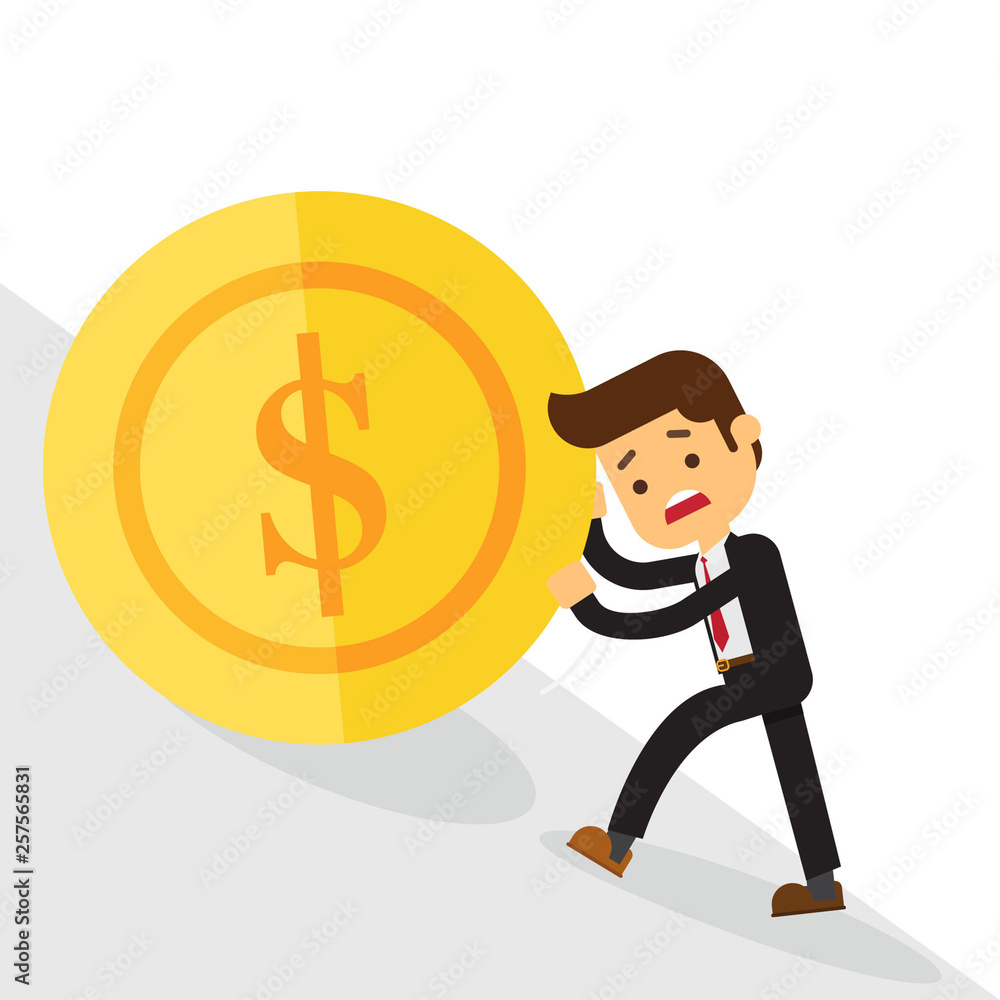 Business man pushing a money with dollar sign up hill Business man pushing a money with dollar sign up hill