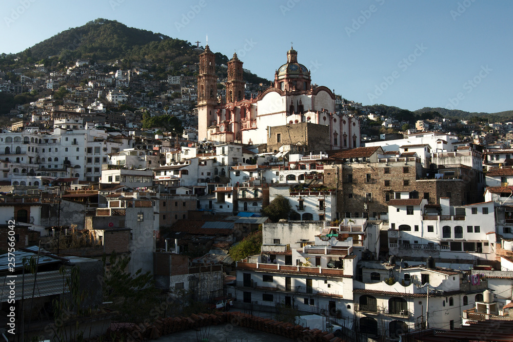 A view of the city showing the baroque Santa Prisca Temple (Templo de Santa Prisca), Taxoc, Guerrero, Mexico.