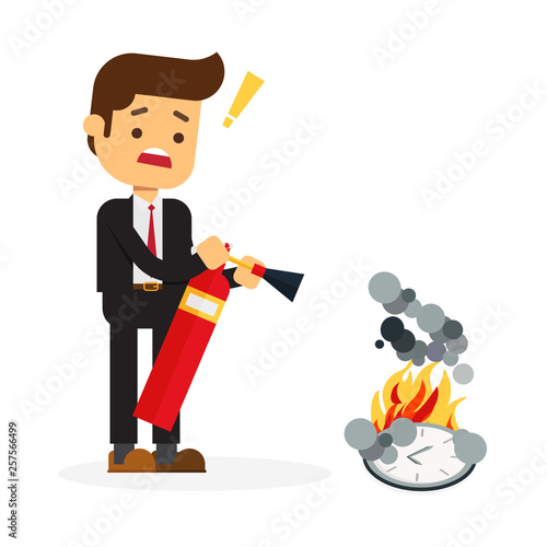 Businessman trying to put out burning big clock