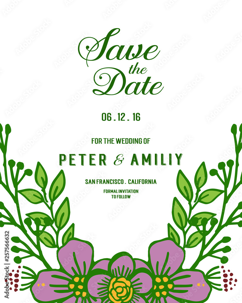 Vector illustration card save the date with various style purple flower frame