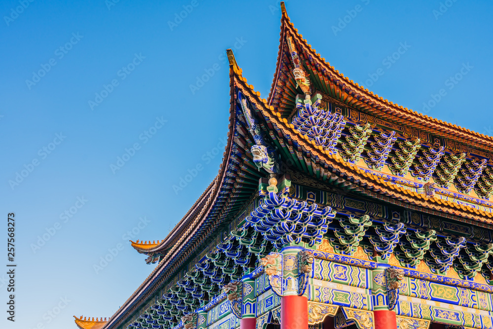 Fototapeta premium Up-looking Photographs of Ancient Architecture of Chongsheng Temple in Dali, Yunnan Province, China