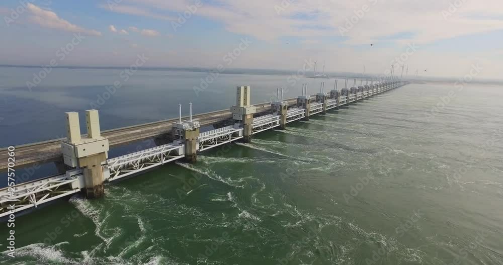 Aerial: The famous storm surge barrier in the south west of the Netherlands. Aerial: The famous storm surge barrier in the south west of the Netherlands.