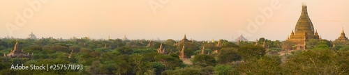 Stunning panoramic view of the Bagan ancient city  formerly Pagan  during sunset. The Bagan Archaeological Zone is a main attraction in Myanmar and over 2 200 temples and pagodas still survive today.