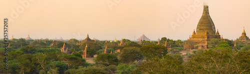 Stunning panoramic view of the Bagan ancient city (formerly Pagan) during sunset. The Bagan Archaeological Zone is a main attraction in Myanmar and over 2,200 temples and pagodas still survive today.