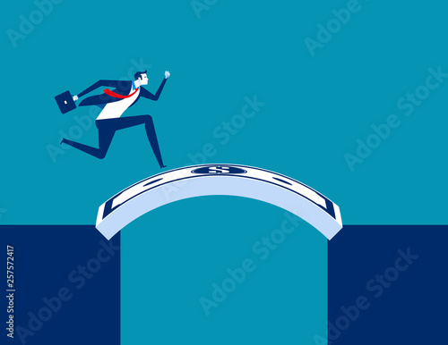 Businessman running cross money bridge. Concept business vector illustration, Currency, Successful.