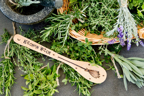 Kitchen Witch - wooden spoon, with fresh herbs and basket