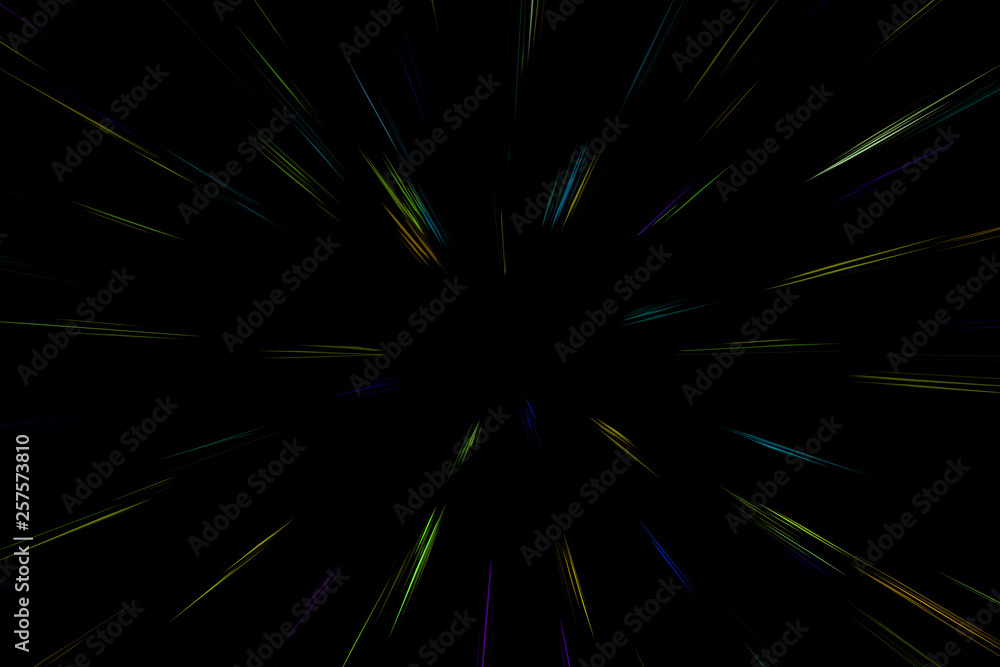 Fototapeta premium Bokeh multi colored lines on black background. abstraction. Speed light motion blur texture. Star particle or space traveling
