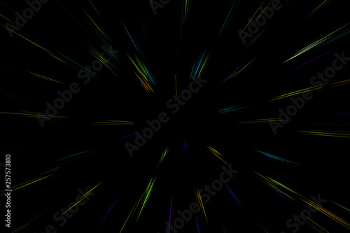 Bokeh multi colored lines on black background. abstraction. Speed light motion blur texture. Star particle or space traveling